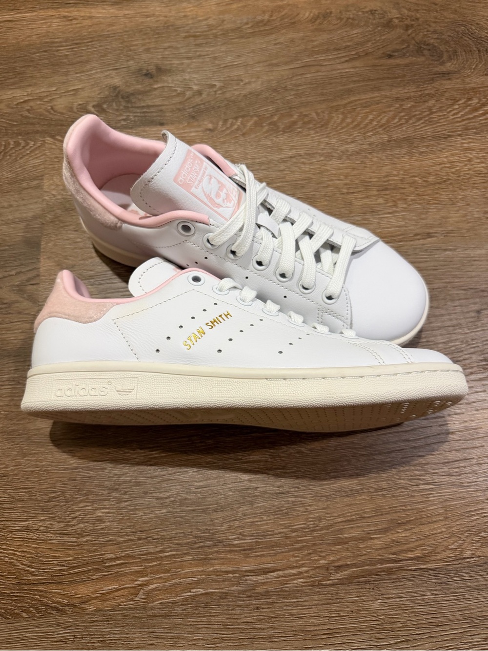 adidas Stan Smith White Leather Sneakers with Pink Accents - Women's 6.5